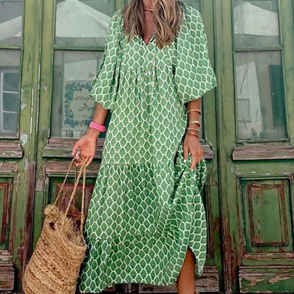 Women Summer 2024 Casual Floral Drawstring V-Neck Puff Sleeve Boho Maxi Dress Elegant Loose Holiday Beach Dresses Party Vestidos main image 0