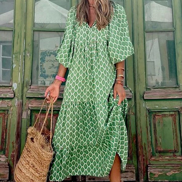 Summer Puff Sleeve Boho Maxi Dress Women Elegant 2024 Casual Floral Drawstring V-Neck Loose Holiday Beach Dresses Party Vestidos