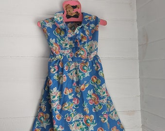 Vintage 60s Girls Dress | Blue Sleeveless with Fruit Pattern | Petite Gamine San Francisco | Size 3T - 4T