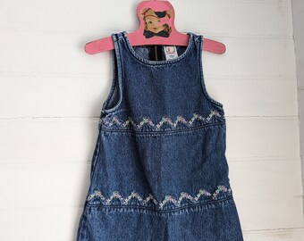 Vintage Y2K Denim Girls Dress | Navy Sleeveless with Flower Embroidery | Gymboree | Size 3T