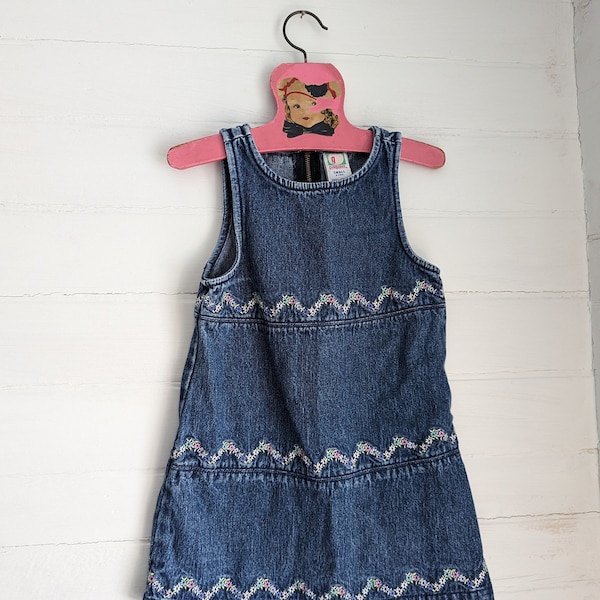 Vintage Y2K Denim Girls Dress | Navy Sleeveless with Flower Embroidery | Gymboree | Size 3T