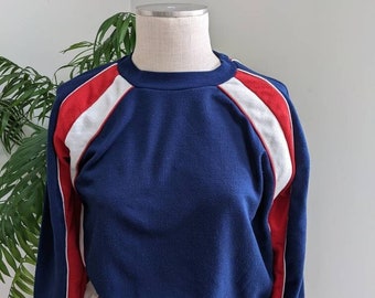 80s Vintage Tricolor Raglan Sweatshirt | Red White and Blue | Size Small Medium