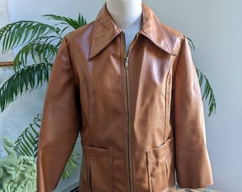 Vintage 70s Vinyl Jacket | Faux Leather Coat | Brown Pleather | Size Medium Large