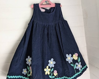 Vintage 90s Corduroy Girls Dress | Navy Sleeveless with Applique | Samara | Size 5T