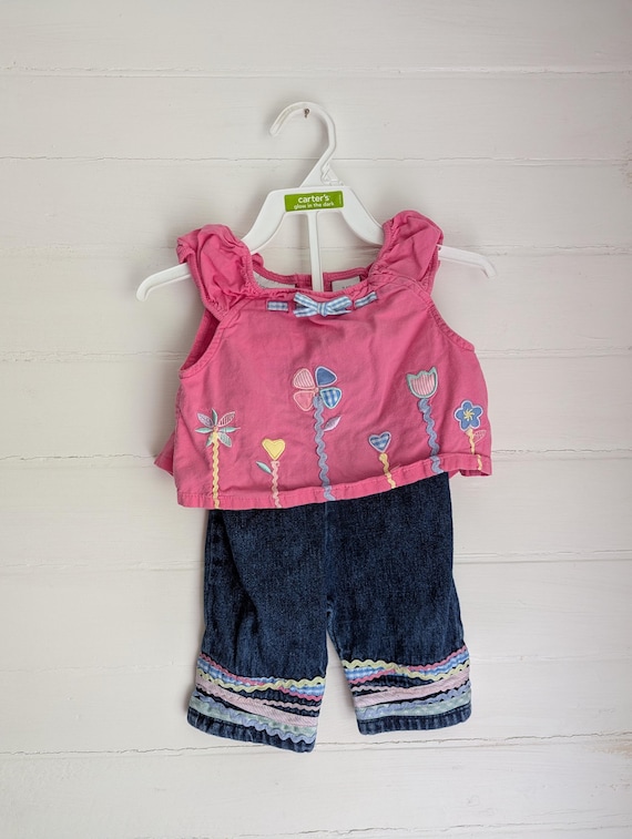 Vintage 90s Y2k 2000s Baby Girls Clothing Set | Pink Floral Top
