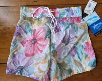 Vintage 80s NWT Girl's Floral Boardshorts Shorts | Tropical Hawaiian | By Aqua Blues Save the Dolphins | Size Medium