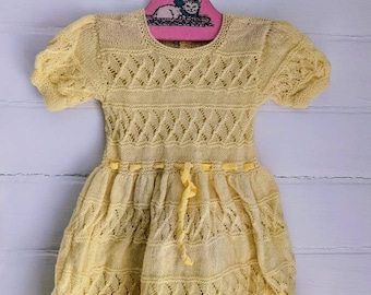 Vintage Hand-knit Toddler Girls Yellow Dress | Size 12 - 18 Months 18 mo