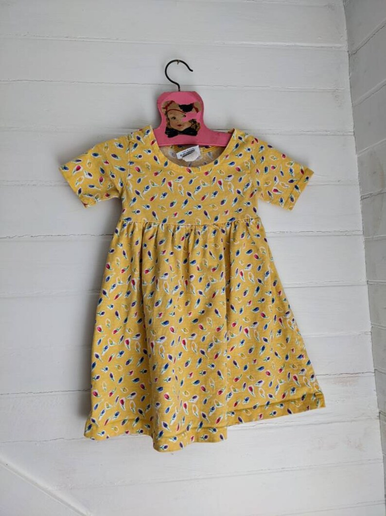 Vintage 90s Yellow Girls Dress Flower Floral Short Sleeve Summer Flap Happy Size 18 24 Months image 1