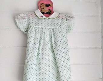 Vintage Baby Girls Dress by Grace l Green Polka Dots with Lady Bug l Size 6-9 months