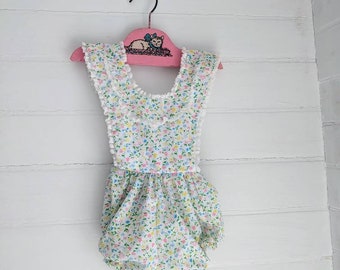 Vintage Baby Girl Romper | Floral Flowers | Classic Summer bubble Romper | Playsuit | By Grace | Sleeveless | Size 3-6 months