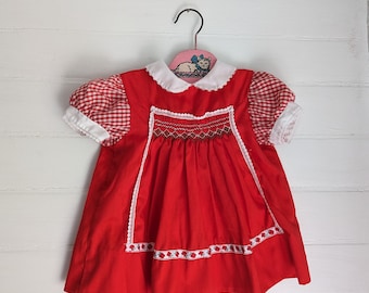 Vintage Polly Flinders Baby Girl's Dress | Red Apples Hand Smocked | Summer Fall Short Sleeve | Size 9-12 months