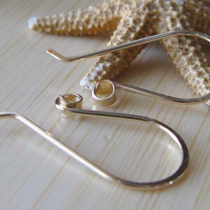 以下が含まれることがあります： 2つの金色のイヤリングフック。1つはまっすぐで、もう1つは曲がっています。フックは薄い茶色の木製の表面にあります。