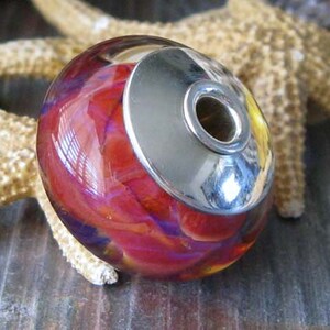 Sterling silver core artisan boro glass lampwork large focal bead. AGB Cranberry Air. Handmade bead caps. Red, pink, hints of indigo. Warm. image 3