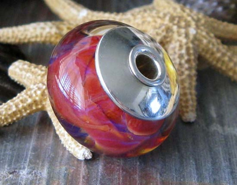 Sterling silver core artisan boro glass lampwork large focal bead. AGB Cranberry Air. Handmade bead caps. Red, pink, hints of indigo. Warm. image 3