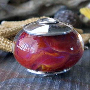 Sterling silver core artisan boro glass lampwork large focal bead. AGB Cranberry Air. Handmade bead caps. Red, pink, hints of indigo. Warm. image 5