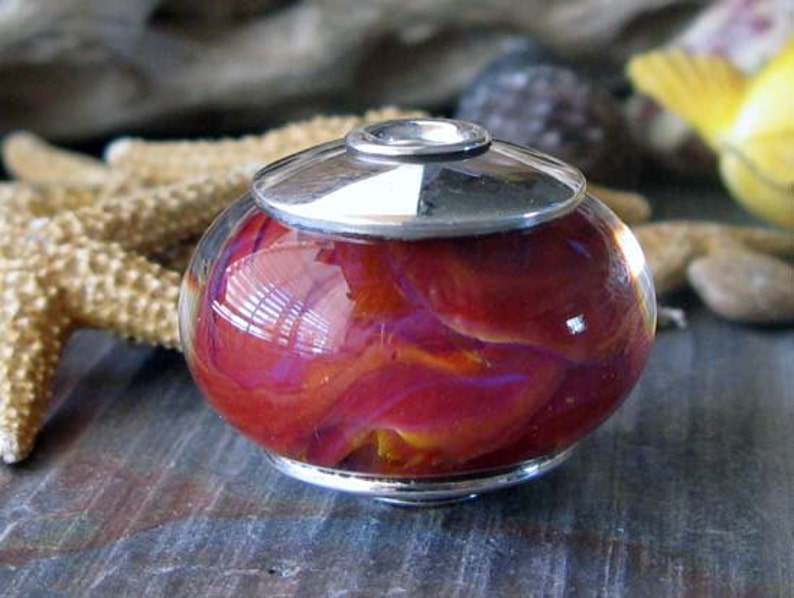 Sterling silver core artisan boro glass lampwork large focal bead. AGB Cranberry Air. Handmade bead caps. Red, pink, hints of indigo. Warm. image 5