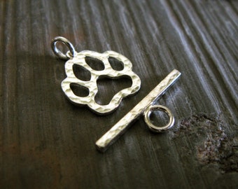 Dog Paw toggle clasp set handmade in sterling silver or 14k gold filled. Hammered 15mm necklace or bracelet closure. AGB jewelry findings.