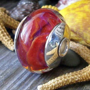 Sterling silver core artisan boro glass lampwork large focal bead. AGB Cranberry Air. Handmade bead caps. Red, pink, hints of indigo. Warm. image 2