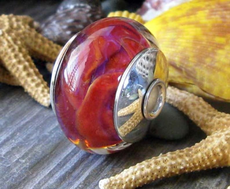 Sterling silver core artisan boro glass lampwork large focal bead. AGB Cranberry Air. Handmade bead caps. Red, pink, hints of indigo. Warm. image 2