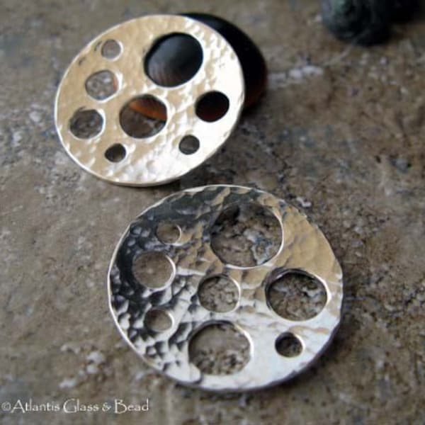 Unique handmade sterling silver round discs. Artisan jewelry findings. 22mm funky holes links. AGB Phoebe