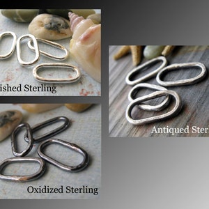 May include: Three different finishes of sterling silver oval jump rings. The first image shows polished sterling silver jump rings. The second image shows antiqued sterling silver jump rings. The third image shows oxidized sterling silver jump rings.