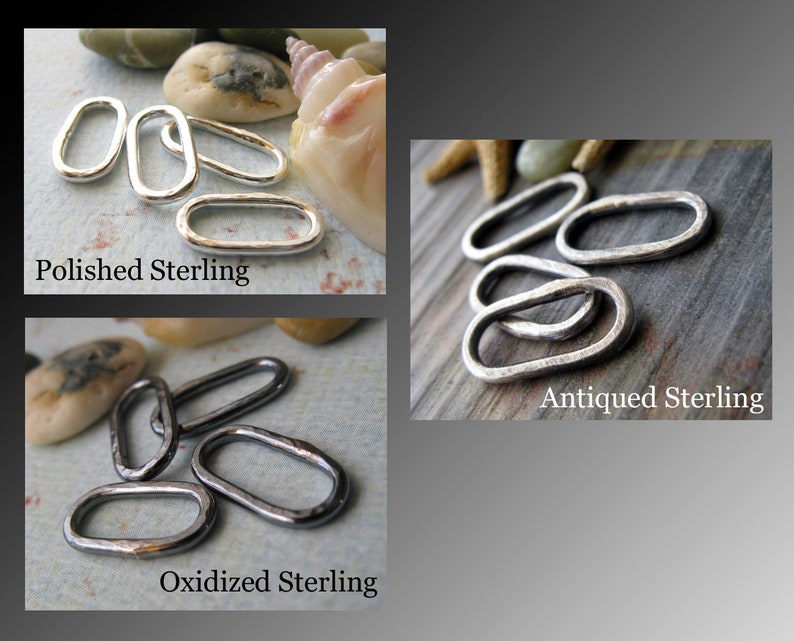 May include: Three different finishes of sterling silver oval jump rings. The first image shows polished sterling silver jump rings. The second image shows antiqued sterling silver jump rings. The third image shows oxidized sterling silver jump rings.