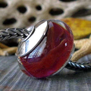 Sterling silver core artisan boro glass lampwork large focal bead. AGB Cranberry Air. Handmade bead caps. Red, pink, hints of indigo. Warm. image 4