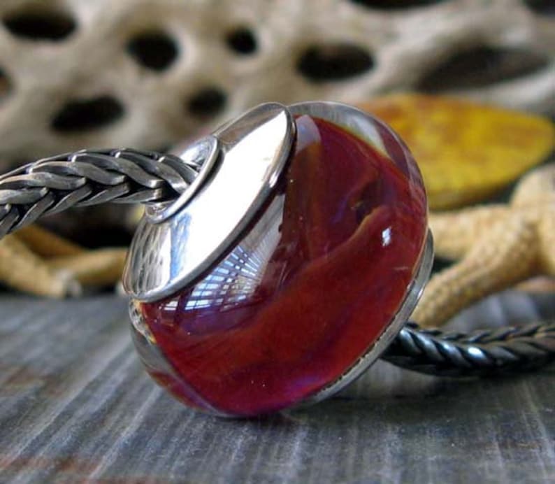 Sterling silver core artisan boro glass lampwork large focal bead. AGB Cranberry Air. Handmade bead caps. Red, pink, hints of indigo. Warm. image 4