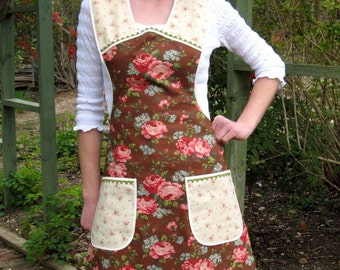 Retro Brown Floral Vintage Everyday Housewife Apron  - Small To Medium - 43.99 Dollars -Free Ship USA