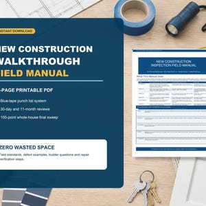 May include: A 26-page printable PDF titled New Construction Walkthrough Field Manual. The document features a blue-tape punch list system, 30-day and 11-month reviews, and a 100-point whole-house final sweep. It includes field standards, defect examples, builder questions, and repair verification steps.