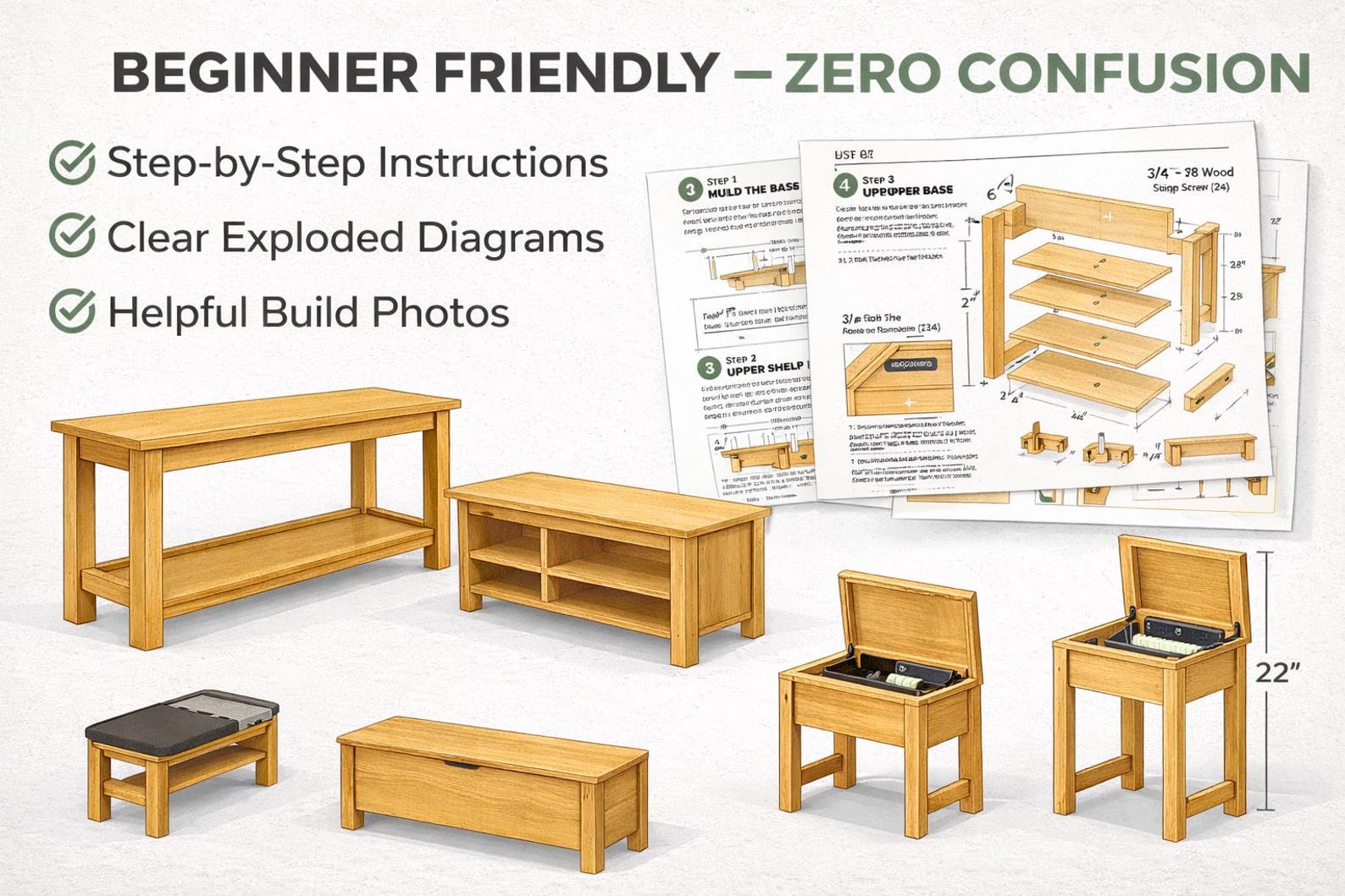 12 DIY Furniture Woodworking Plans Bundle – Beginner Step-by-step Build ...