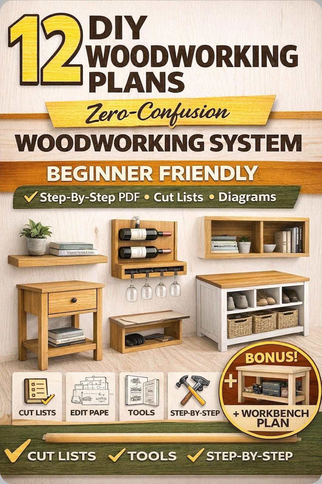 12 DIY Furniture Woodworking Plans Bundle – Beginner Step-by-step Build ...