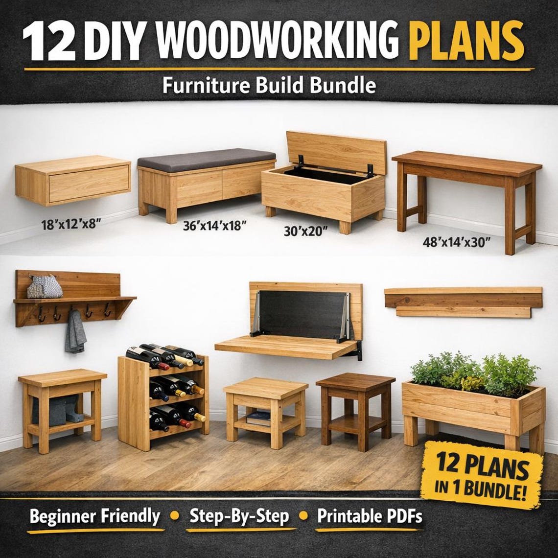 12 DIY Furniture Woodworking Plans Bundle – Beginner Step-by-step Build ...