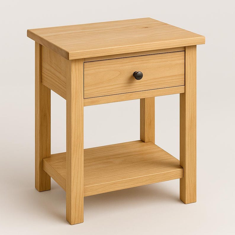 Puede incluir: Una mesita de noche de madera clara con un caj&oacute;n y un estante inferior. El caj&oacute;n tiene una perilla negra.