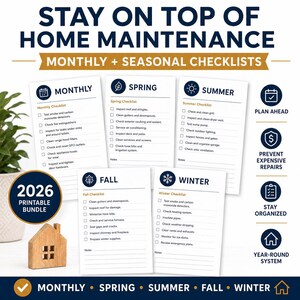 May include: A 2026 printable home maintenance bundle featuring monthly and seasonal checklists for spring, summer, fall, and winter. The white documents include task lists for home care, with dark blue text and icons, organised by season.