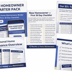 May include: A collection of printable PDF documents for new homeowners. The pack includes a 30-day checklist, a home maintenance binder, and seasonal maintenance overviews. The documents are white with blue accents and text.