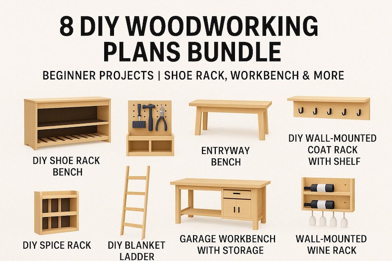 Puede incluir: Una colecci&oacute;n de ocho planos de carpinter&iacute;a DIY para proyectos principiantes. Los planos incluyen un banco de zapatero, un banco de entrada, un perchero de pared con estante, un estante para especias, una escalera para mantas, un banco de trabajo para garaje con almacenamiento y un estante de vino de pared.