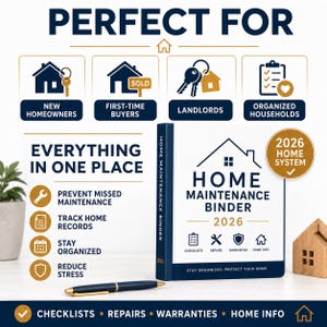 May include: A white and navy blue Home Maintenance Binder 2026 featuring a house icon, text reading "Home Maintenance Binder 2026", and icons for checklists, repairs, warranties, and home info. The binder is accompanied by a navy blue pen on a surface.