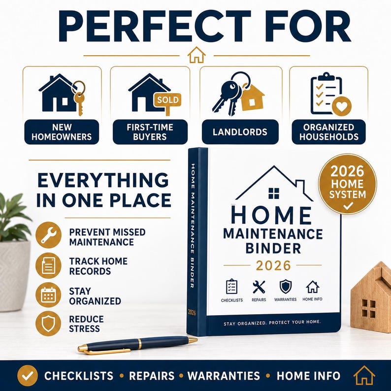 May include: A white and navy blue Home Maintenance Binder 2026 featuring a house icon, text reading "Home Maintenance Binder 2026", and icons for checklists, repairs, warranties, and home info. The binder is accompanied by a navy blue pen on a surface.