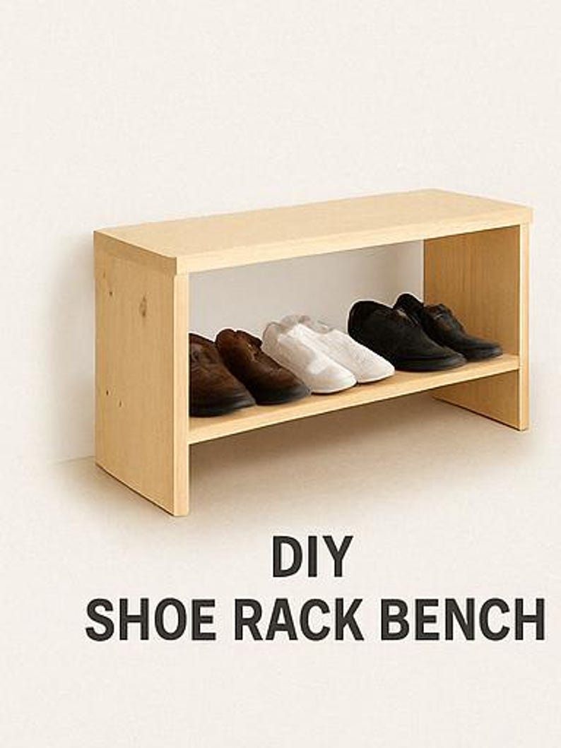 Puede incluir: Banco de zapatero DIY hecho de madera clara con dos estantes. El estante superior est&aacute; vac&iacute;o y el estante inferior tiene seis pares de zapatos.