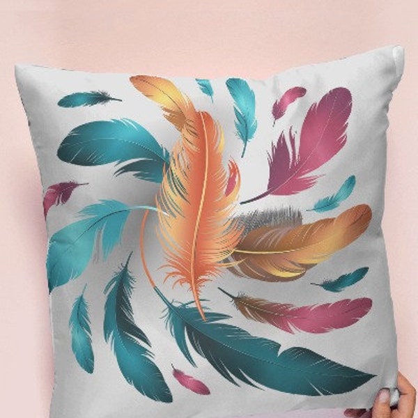 Feathers pillow cover, colourful printed pillow case, housewarming colorful cozy decor, bedding home decor, decorative pillow case, cushions