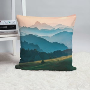 Blue Landscape Pillow Cases, Blue Mountains,  Throw pillows cover printed, Pillow Cover for Living Room, Artful Mountains landscape, 14X14&quot;