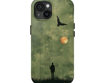May include: A green phone case with a silhouette of a person holding a string attached to a bird flying in the sky. The background is a green and brown gradient with a yellow moon.