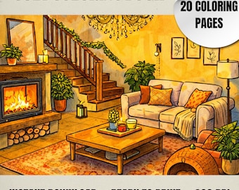 Puede incluir: Portada de un libro para colorear con el texto "COZY COLORING BOOK" y "20 COLORING PAGES". La imagen representa una cálida escena de salón con chimenea, sofá y escalera. También se ve el texto "INSTANT DOWNLOAD" y "READY TO PRINT".