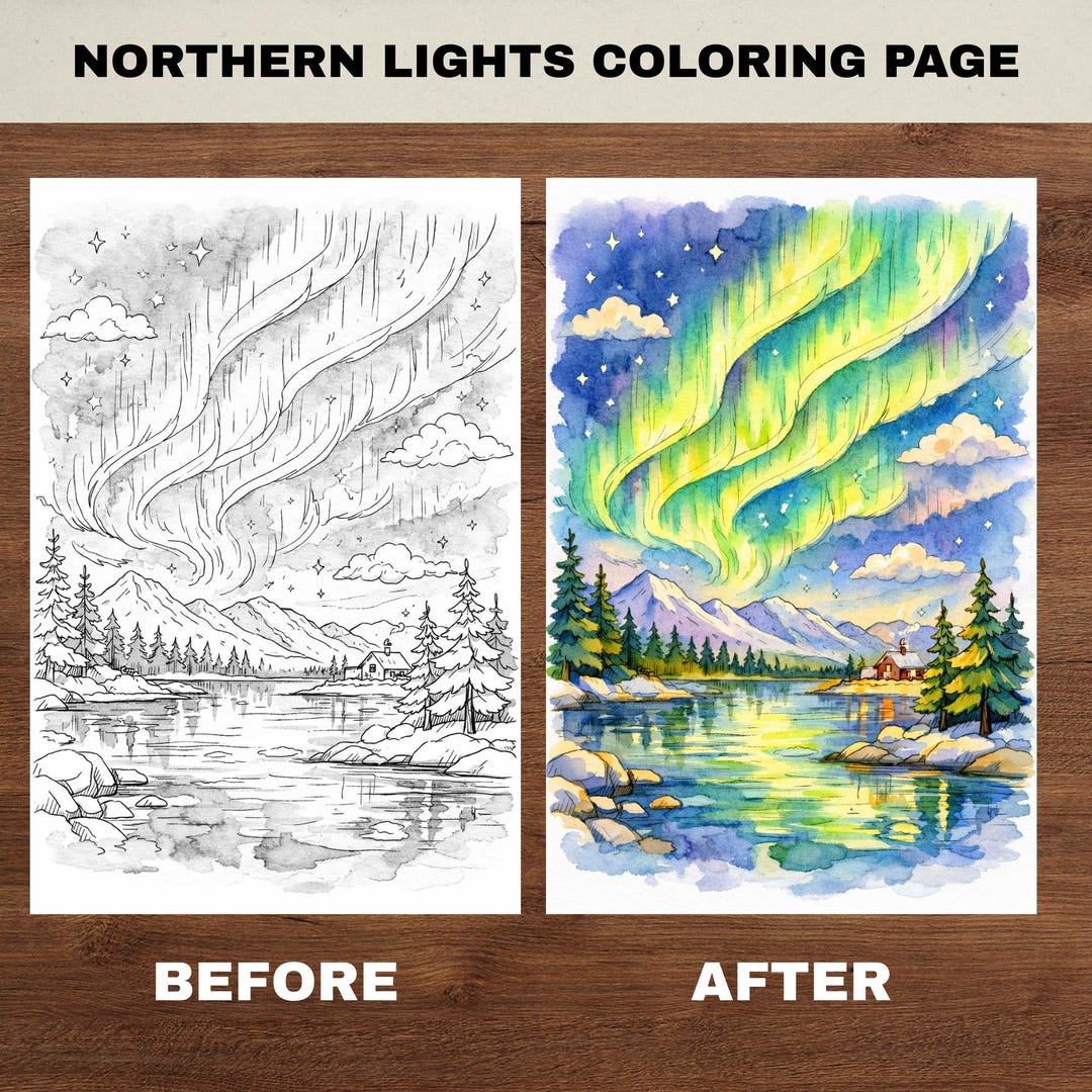 Northern Lights Coloring Page | Aurora Borealis Adult Coloring Page ...