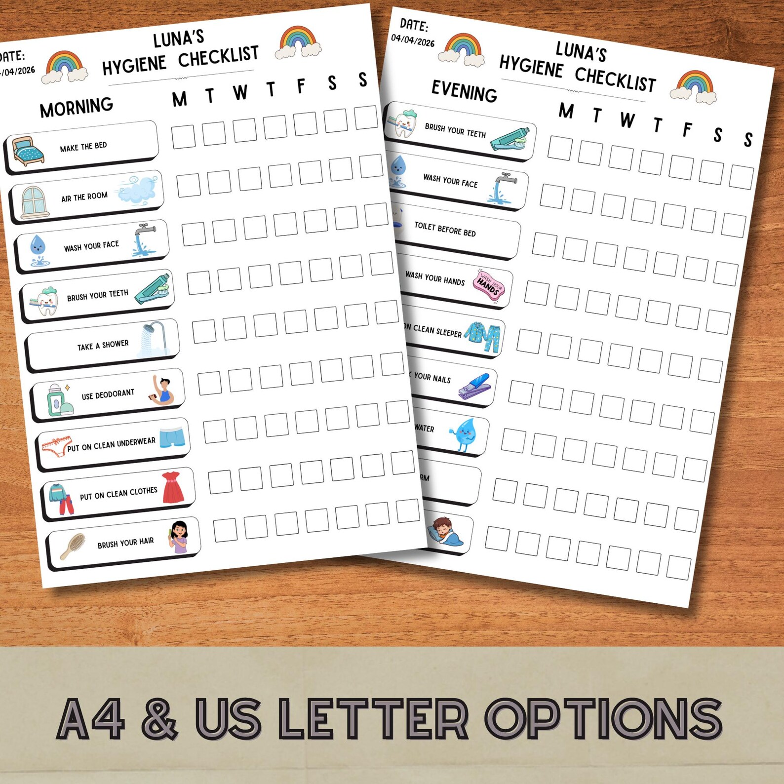 Kids Hygiene Chart, Morning & Evening Routine, Editable Printable ...
