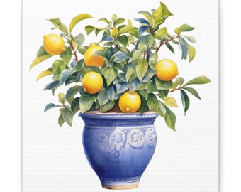 Lemon Art, Canvas Gallery Wraps, Lemon Print, Lemons in Blue Ginger Jar, Lemon Tree Print, Wall Art with Lemons, Kitchen Wall Art