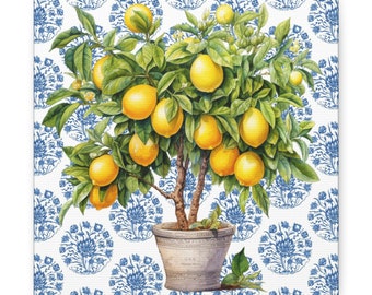 Canvas Gallery Wrap, Lemon Tree Print, Lemon Wall Decor, Wall Art, Kitchen Decor, Blue and White Decor, Fruit Decor, Chinoiserie Art