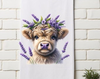 Highland Cow Tea Towel, Lavender Wreath Tea Towel, Flour Sack, Cow with Flowers Kitchen Towel, Mother's Day Gift, Hostess Gift, Cow Lovers