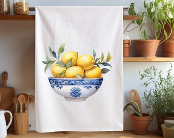 Lemons and Blue Chinoiserie Kitchen Towel, Tea Towel, Blue and White Chinoiserie Decor, Lemon Kitchen Decor, Hand Towel, Kitchen Gift